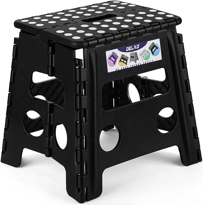 Delxo Folding Step Stool, 13 inch Non-Slip Foldable Stools for Kids & Adults Up to 300 LBS, Step Stool with Handle, Lightweight for Kitchen, Bathroom, Bedroom, Garden, Black, 1PC - LeafyLoom