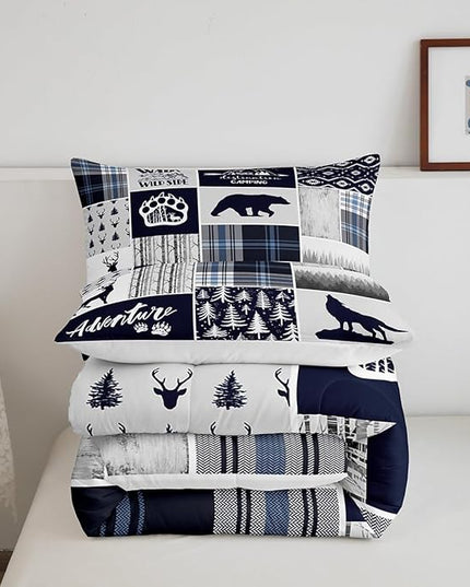 Manfei Deer Bear Kids Comforter Set Full Size,Wolf Hunting Adventure Rustic Bedding Set for Boys Girls Adults Room Decor,Geometric Plaids Patchwork Down Comforter,Blue Xmas Duvet Insert,2 Pillowcases - LeafyLoom