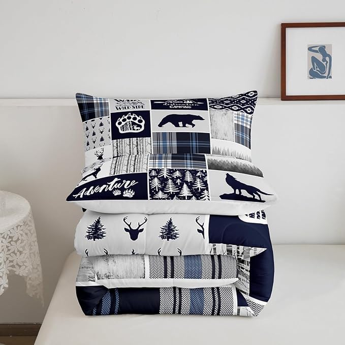 Manfei Deer Bear Kids Comforter Set King Size,Wolf Hunting Adventure Rustic Bedding Set for Boys Girls Adults Room Decor,Geometric Plaids Patchwork Down Comforter,Blue Xmas Duvet Insert,2 Pillowcases - LeafyLoom