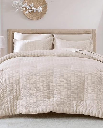 HYMOKEGE Seersucker Queen Comforter Set 3 Pieces, Lightweight Comforter Sets for Bedding, Bed Set with 1 All Season Soft Down Alternative Comforter and 2 Pillow Shams, Beige - LeafyLoom