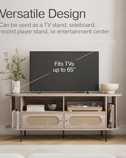 Oval Rattan TV Stand - Media Console - 63" TV Entertainment Center with Storage - Console Table for Living Room and Bedrooms - Supports 32 to 65" TVs - Soft-Close Cabinet Doors (Light Oak) - LeafyLoom