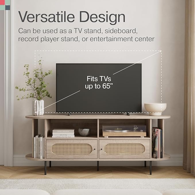 Oval Rattan TV Stand - Media Console - 63" TV Entertainment Center with Storage - Console Table for Living Room and Bedrooms - Supports 32 to 65" TVs - Soft-Close Cabinet Doors (Light Oak) - LeafyLoom