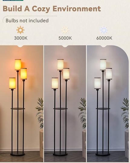 LEDIARY 65" Floor Lamp for Living Room 3-Light Modern Floor Lamps with Shelves, Linen Shades Standing Lamp with On/Off Foot Switch for Bedroom, Black Tall Lamp for Office Corner - LeafyLoom