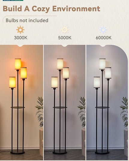 LEDIARY 65" Floor Lamp for Living Room 3-Light Modern Floor Lamps with Shelves, Linen Shades Standing Lamp with On/Off Foot Switch for Bedroom, Black Tall Lamp for Office Corner - LeafyLoom