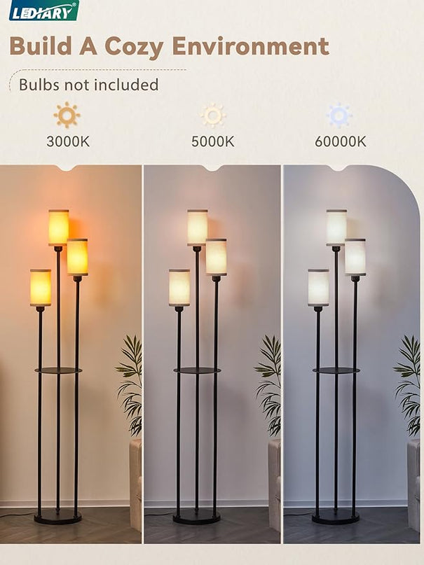 LEDIARY 65" Floor Lamp for Living Room 3-Light Modern Floor Lamps with Shelves, Linen Shades Standing Lamp with On/Off Foot Switch for Bedroom, Black Tall Lamp for Office Corner - LeafyLoom
