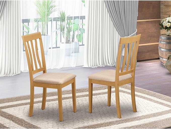 East West Furniture Antique Dining Linen Fabric Upholstered Wooden Chairs, Set of 2, Oak - LeafyLoom