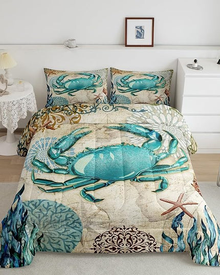 Sea Beach Theme Comforter Set Kids Beach Crabs Print Full Bedding 3D Sea Animal Crab Luxury Microfiber Quilted Duvet Set with 2 Pillowcases,Soft Lightweight Marine Life Decorative Bedding Soft Fluffy - LeafyLoom