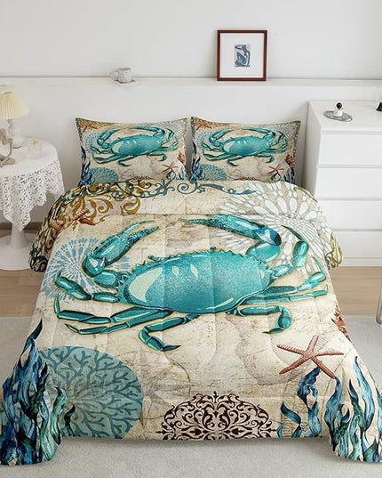 Sea Beach Theme Comforter Set Kids Beach Crabs Print King Bedding 3D Sea Animal Crab Luxury Microfiber Quilted Duvet Set with 2 Pillowcases,Soft Lightweight Marine Life Decorative Bedding Soft Fluffy - LeafyLoom