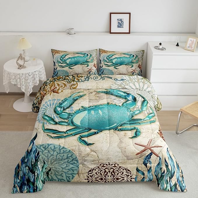 Sea Beach Theme Comforter Set Kids Beach Crabs Print Twin Bedding 3D Sea Animal Crab Luxury Microfiber Quilted Duvet Set with 1 Pillowcase,Soft Lightweight Marine Life Decorative Bedding Soft Fluffy - LeafyLoom