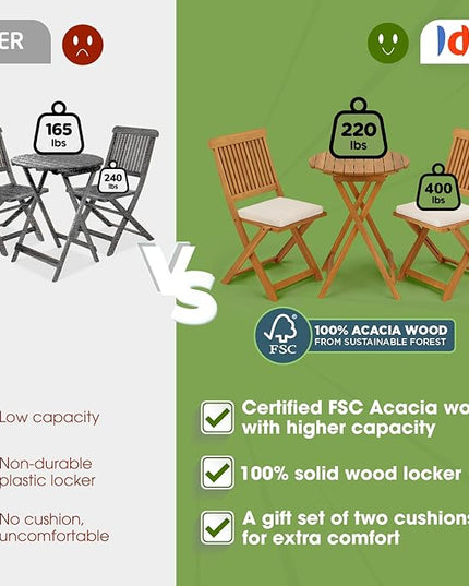 Heavy Duty 400lbs Capacity Patio Bistro Set 3 Piece Outdoor, Folding Chairs w/Cushion, Round Table-Upgrade 2024 - LeafyLoom