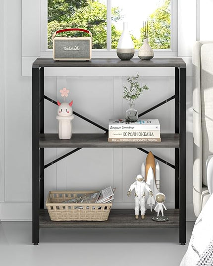FOLUBAN Industrial Small Bookshelf, 3 Tier Low Short Book Shelf, Metal and Wood BookCase for Small Spaces, Bedroom Living Room, Dark Gray - LeafyLoom