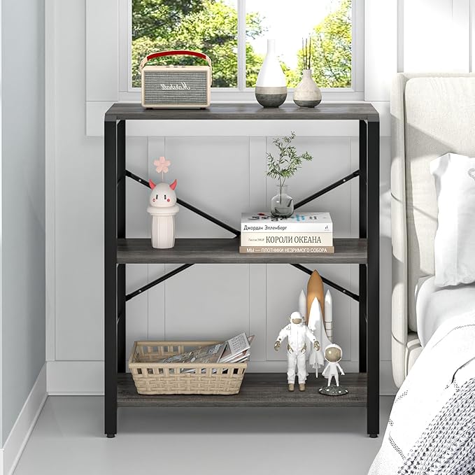 FOLUBAN Industrial Small Bookshelf, 3 Tier Low Short Book Shelf, Metal and Wood BookCase for Small Spaces, Bedroom Living Room, Dark Gray - LeafyLoom
