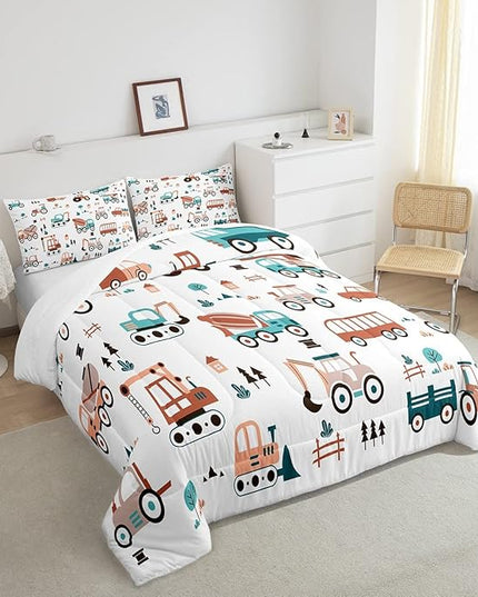 Boys Cartoon Car Comforter Set, Kids Construction Cars Trucks Comforter for Cartoon Botanical Truck Bedding Set Cute Cars Quilt with 2 Pillowcases 3Pcs Bedding Full Boys - LeafyLoom