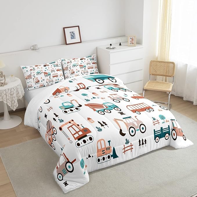 Boys Cartoon Car Comforter Set, Kids Construction Cars Trucks Comforter for Cartoon Botanical Truck Bedding Set Cute Cars Quilt with 2 Pillowcases 3Pcs Bedding Full Boys - LeafyLoom
