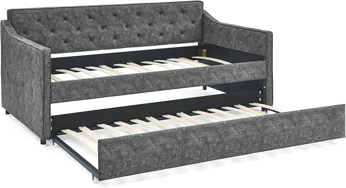 Size Upholstered Daybed with Twin Trundle, Solid Wooden Bed Frame w/Button Tufted Backrest and Waved Shape Arms, No Spring Box Need, for Kids, Bedroom, Dorm, Grey-4 - LeafyLoom