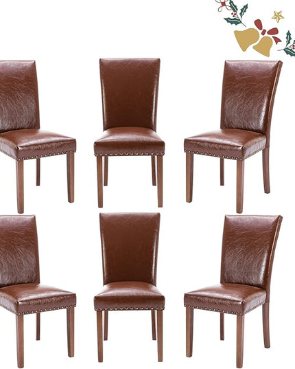 Parsons Dining Chairs Set of 6, Upholstered Nailhead PU Leather Dining Room Kitchen Side Chair with Thick Cushions and Wood Legs, Light Brown - LeafyLoom