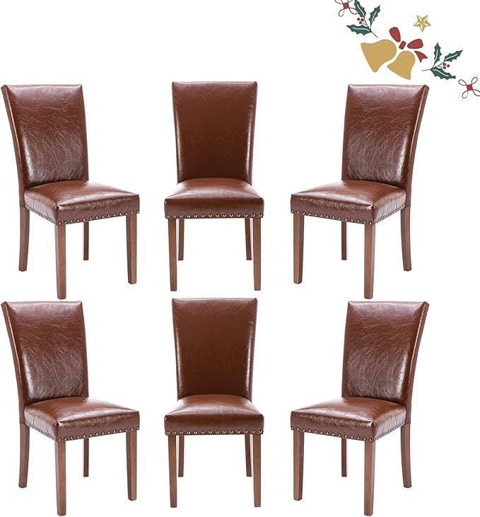 Parsons Dining Chairs Set of 6, Upholstered Nailhead PU Leather Dining Room Kitchen Side Chair with Thick Cushions and Wood Legs, Light Brown - LeafyLoom