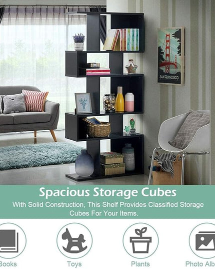 Giantex 5-Tier Geometric Bookshelf Black, 70" Tall Wood Freestanding Decorative Display Open Shelves with Anti-Tipping Device, Each Shelf Holds up to 44 lbs, Wooden S Shaped Bookcase - LeafyLoom