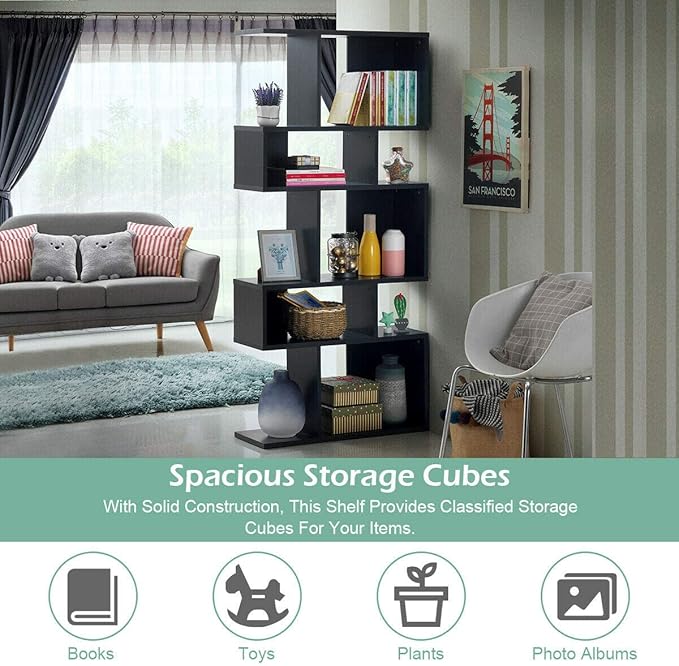 Giantex 5-Tier Geometric Bookshelf Black, 70" Tall Wood Freestanding Decorative Display Open Shelves with Anti-Tipping Device, Each Shelf Holds up to 44 lbs, Wooden S Shaped Bookcase - LeafyLoom