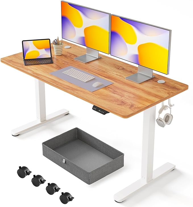 FEZIBO 55 x 24 Inches Standing Desk with Drawer, Adjustable Height Electric Stand up Desk with Storage, Sit Stand Home Office Desk, Ergonomic Computer Desk, Light Rustic - LeafyLoom