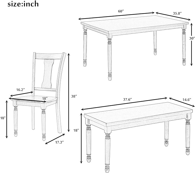 Merax 6-Piece Classic Wooden Dining Table Set with 4 Chairs and Bench for Kitchen, Family Furniture, 60 x 35.8 x 30 inch, Brown - LeafyLoom