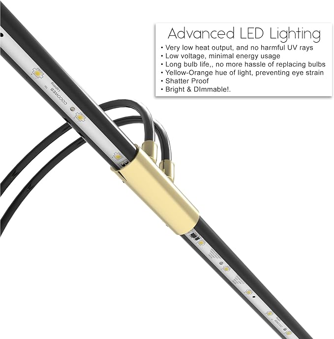Cocoweb 22" Grand Piano Lamp, LED, Adjustable, Quality Lighting in Black with Brass Accents, with Rechargeable Battery Pack - GPLEDV-22D-BP4 - LeafyLoom