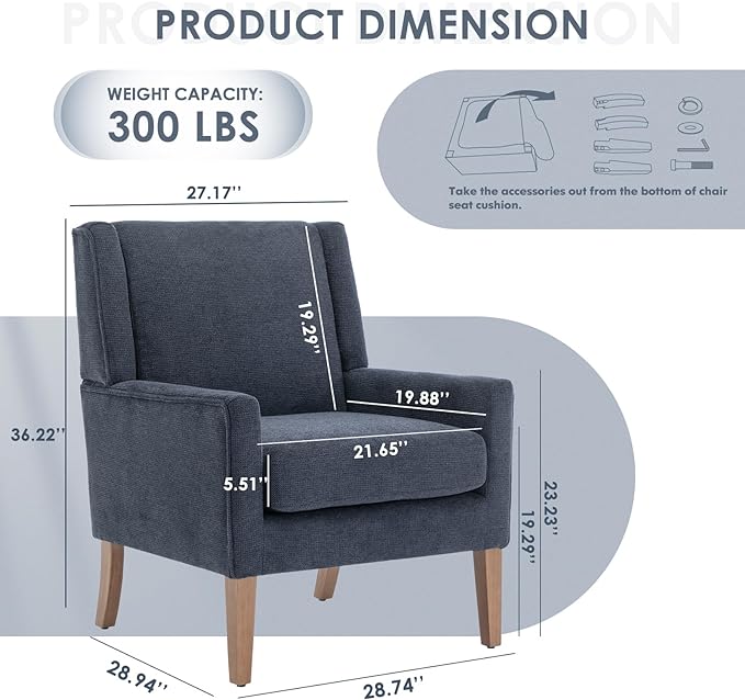 COLAMY Modern Wingback Living Room Chair, Upholstered Fabric Accent Armchair, Single Sofa chair with Lounge Seat and Wood Legs for Bedroom/Office/Reading Spaces, Blue - LeafyLoom