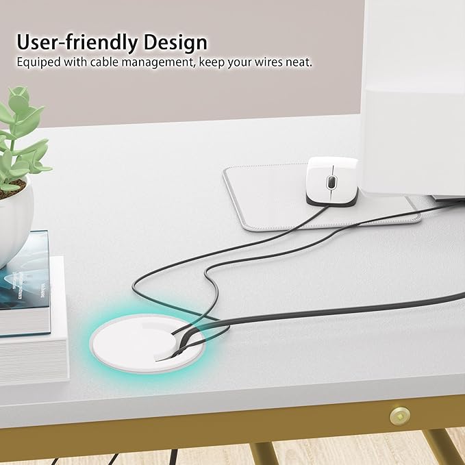 Weehom Computer Desk with Drawers, Home Office Desk for Writing, Studying, and Gaming - Sturdy and Spacious Workstation for PC and Laptop(White and Gold) - LeafyLoom