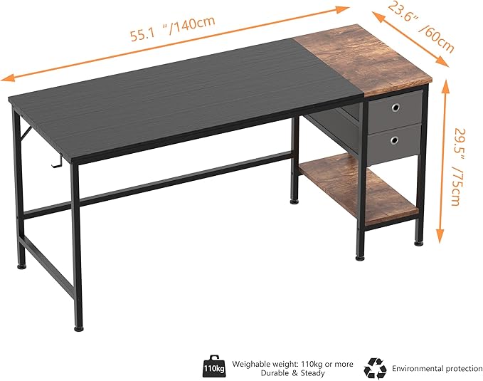 HOMIDEC Office Desk, Computer Desk with Drawers 55" Study Writing Desks for Home with Storage Shelves, Desks & Workstations for Home Office Bedroom - LeafyLoom