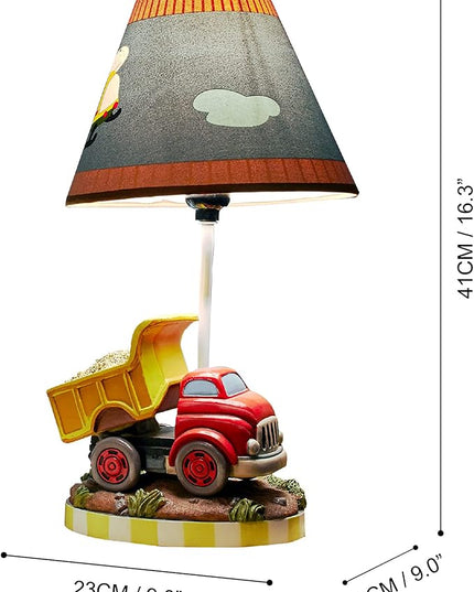 Fantasy Fields Kids Small Table Lamp, Truck Lamp, Car Lamp for Boys Room with Construction Truck Base & Helicopter Printed Shade, Transportation Themed - LeafyLoom