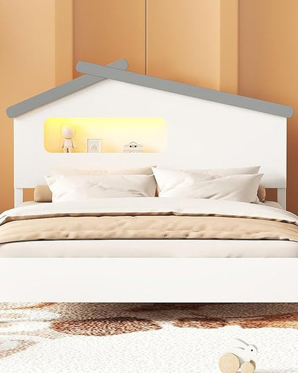 Full Size Bed Frame for Kids,Full Platform Bed with House-Shaped Headboard and Motion Activated Night Lights,Wood Full Kids Bed Frame for Girls,Boys(Full,White) - LeafyLoom