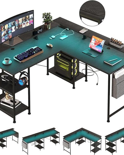 55 inch Gaming Desk with LED Lights, Computer Desk with Power Outlets, Monitor Stand, Storage Shelf, Headphone Hook, Home Office Desk Corner Desk - LeafyLoom