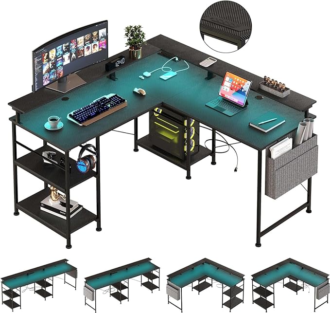 55 inch Gaming Desk with LED Lights, Computer Desk with Power Outlets, Monitor Stand, Storage Shelf, Headphone Hook, Home Office Desk Corner Desk - LeafyLoom