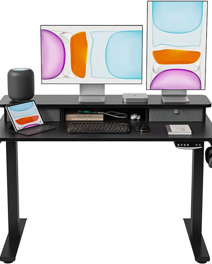 BANTI 48x24 Inch Electric Standing Desk with Double Drawers, Adjustable Height Stand Up Desk, Sit Stand Home Office Desk with Storage Shelf, Black Top - LeafyLoom