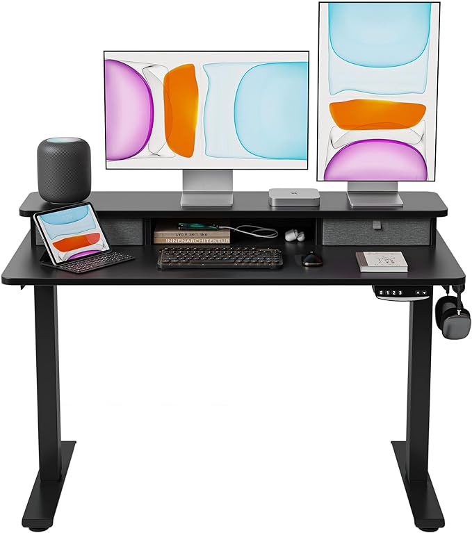 BANTI 48x24 Inch Electric Standing Desk with Double Drawers, Adjustable Height Stand Up Desk, Sit Stand Home Office Desk with Storage Shelf, Black Top - LeafyLoom