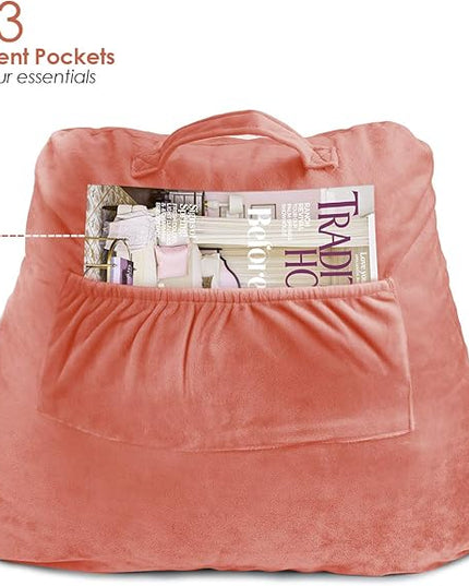 Clara Clark Reading Pillow, Standard Back Pillow for Sitting Up in Bed, Memory Foam Back Support Pillow, Reading Pillows for Sitting in Bed, Misty Rose Sit Up Pillow for Bed, Arm Pillow with Pockets - LeafyLoom