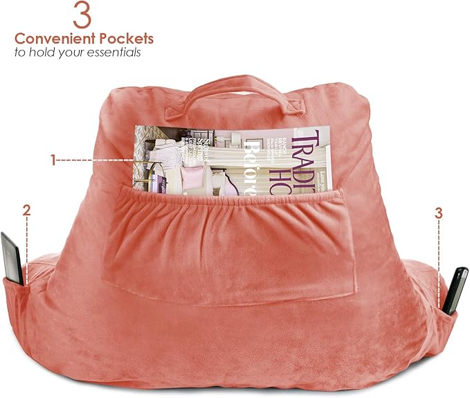 Clara Clark Reading Pillow, Standard Back Pillow for Sitting Up in Bed, Memory Foam Back Support Pillow, Reading Pillows for Sitting in Bed, Misty Rose Sit Up Pillow for Bed, Arm Pillow with Pockets - LeafyLoom
