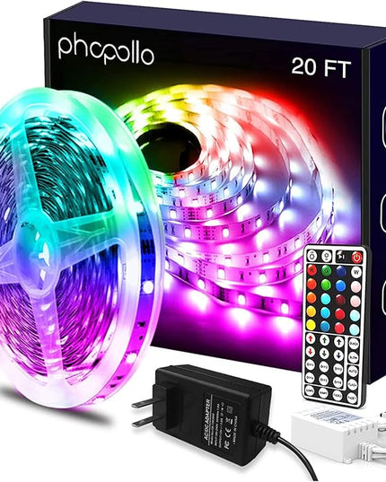 phopollo Led Lights 20ft for Bedroom Color Changing Luces Led para Decoracion RGB DIY Color Option with Power Supply and Remote Phopollo