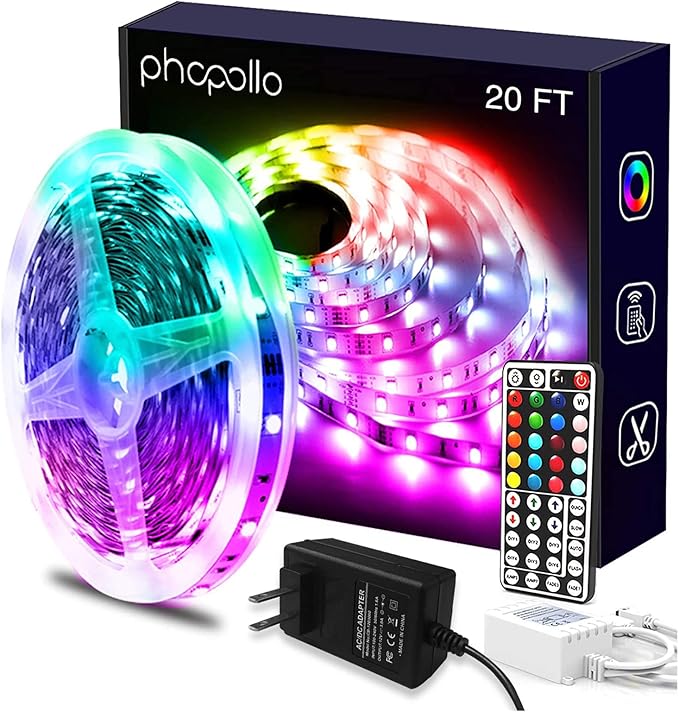 phopollo Led Lights 20ft for Bedroom Color Changing Luces Led para Decoracion RGB DIY Color Option with Power Supply and Remote Phopollo