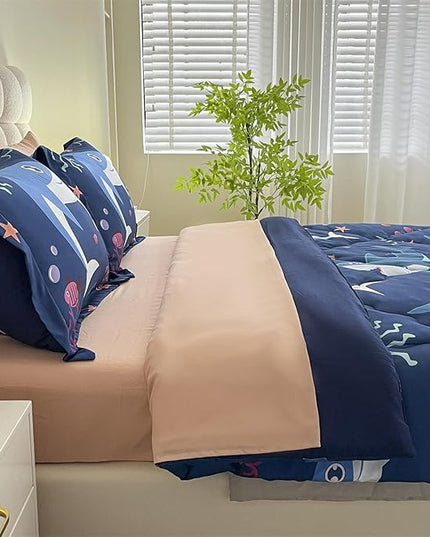 Boys Sharks Comforter Set Twin Size 7 Piece Cute Ocean Animal Jellyfish 3D Printed Bedding Set Bed in A Bag for Kids Girls Teens Lightweight Soft Bed Set All Seasons Navy Blue - LeafyLoom
