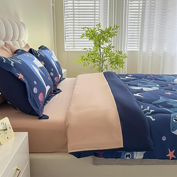 Boys Sharks Comforter Set Twin Size 7 Piece Cute Ocean Animal Jellyfish 3D Printed Bedding Set Bed in A Bag for Kids Girls Teens Lightweight Soft Bed Set All Seasons Navy Blue - LeafyLoom