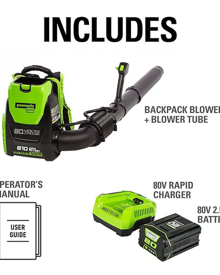 Greenworks 80V (180 MPH / 610 CFM / 75+ Compatible Tools) Cordless Brushless Backpack Blower, 2.5Ah Battery and Rapid Charger Included, Green/Black - LeafyLoom