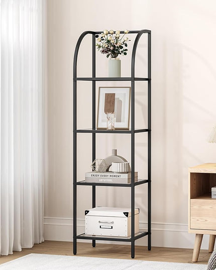 Bookcase Bookshelf, Tempered Glass Arched Bookshelf for More Storage, Slim Shelving Unit for Bedroom, Bathroom, Home Office, Steel Frame, 4 Tier Black BC20499B - LeafyLoom