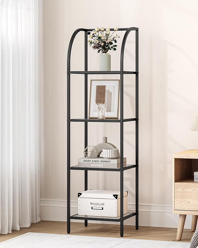 Bookcase Bookshelf, Tempered Glass Arched Bookshelf for More Storage, Slim Shelving Unit for Bedroom, Bathroom, Home Office, Steel Frame, 4 Tier Black BC20499B - LeafyLoom