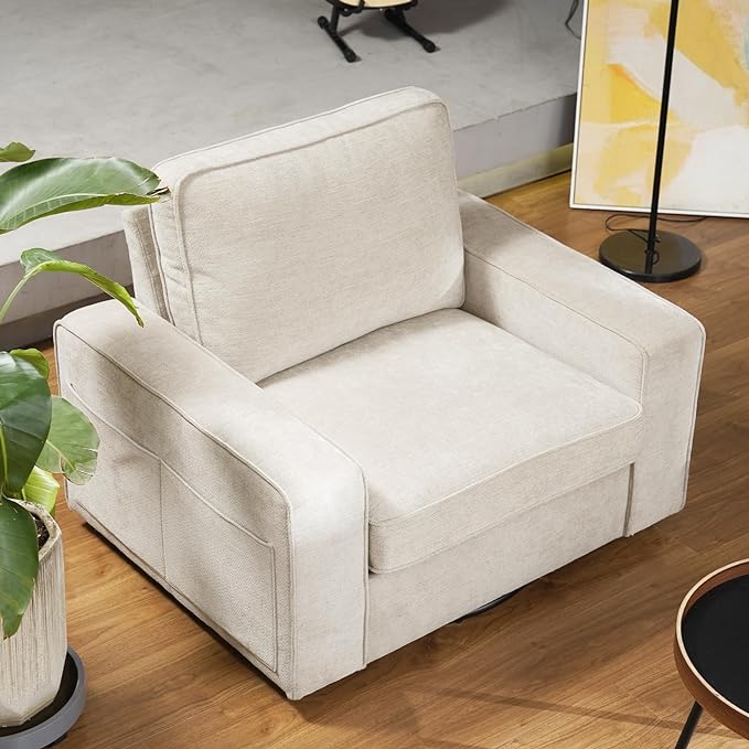 EASELAND Oversized Accent Chair, Reading Chair with Upholstered Chenille Fabric, Sofa Chair with Armrest, Single Sofa Chair for Living Room, Swivel Chair with Wooden Legs, Comfy Chair for Small Spaces - LeafyLoom