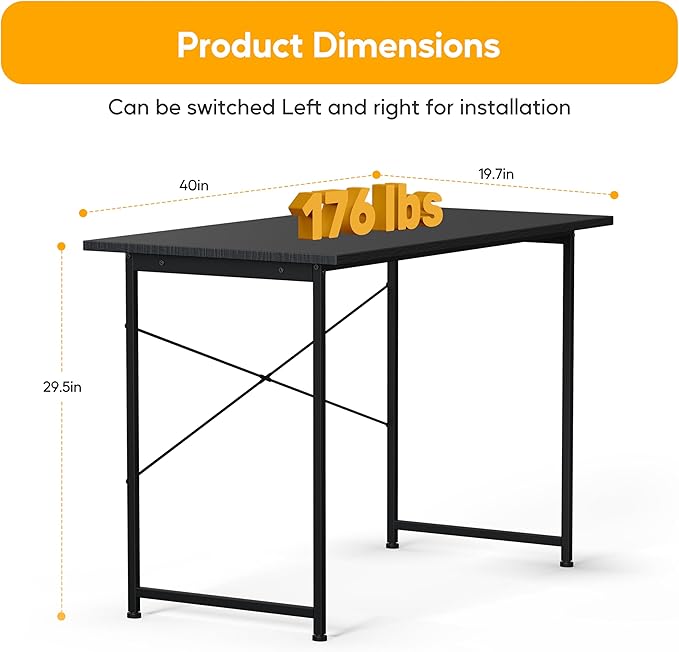 HealSmart Home Office Computer Desk, Modern Style Design with Headphone Hooks for Working, Writing and Gaming, 32 Inch, 40 Inches, Black - LeafyLoom