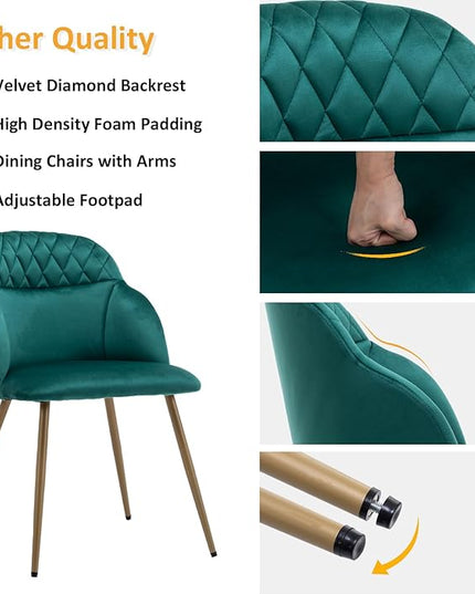 Velvet Dining Chairs Sets of 2, Modern Upholstered Accent Side Chairs with Arm Gold Metal Legs for Kitchen Living Bed Room, Green - LeafyLoom