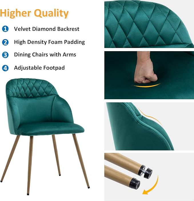 Velvet Dining Chairs Sets of 2, Modern Upholstered Accent Side Chairs with Arm Gold Metal Legs for Kitchen Living Bed Room, Green - LeafyLoom