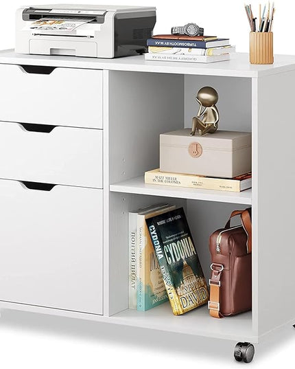 DEVAISE 3-Drawer Wood File Cabinet, Mobile Lateral Filing Cabinet, Printer Stand with Open Storage Shelves for Home Office, White - LeafyLoom