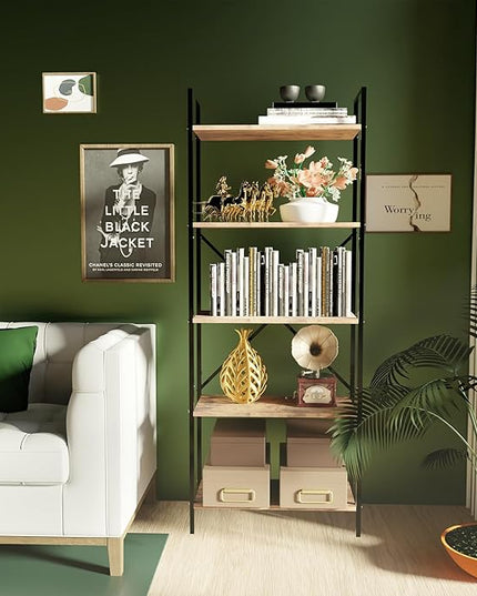 5 Tier Bookshelf Bookcase Wood Tall Bookshelf Open Shelf,Farmhouse Bookshelf Book case, Industrial Bookshelf Storage Organizer for Bedroom,Living Room,Office, Rustic Brown - LeafyLoom